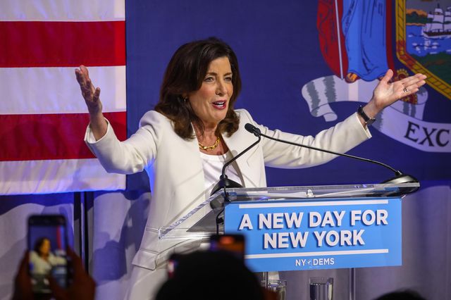 Gov. Kathy Hochul celebrates her primary victory Tuesday night in Manhattan.